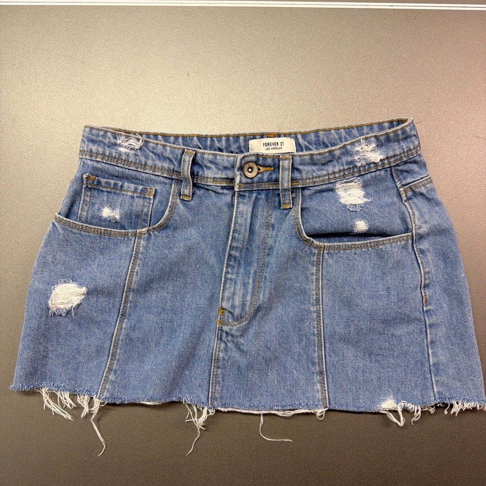 Forever 21 Distressed Denim Mini Skirt Blue Raw‎ Hem Size 27 Jean Skirt